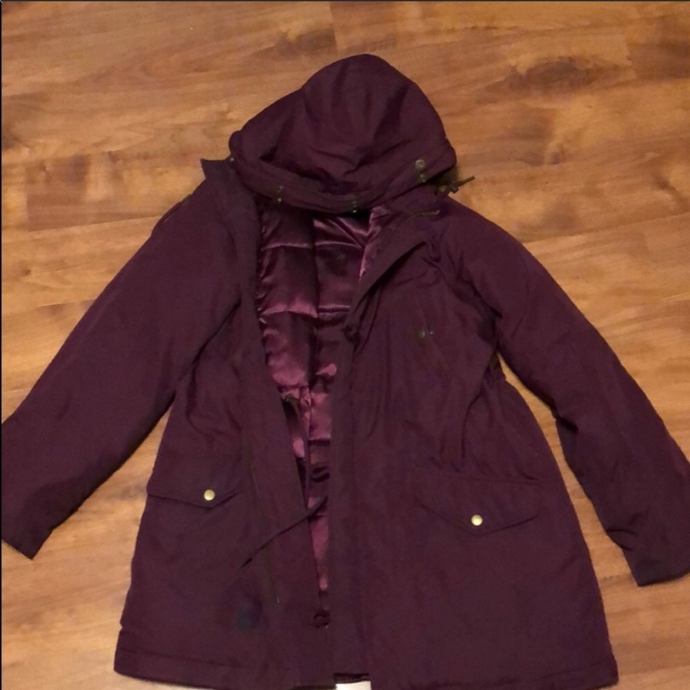Maroon parka, big coat winter coat